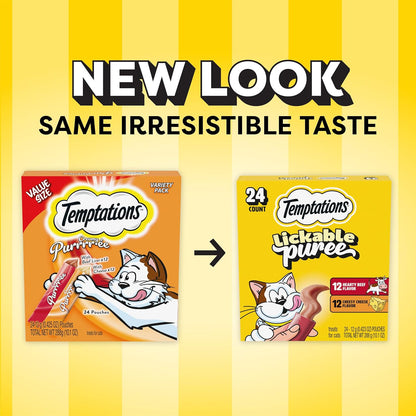 Creamy Puree with Beef Liver and Cheese, Variety Pack of Lickable, Squeezable Cat Treats, 0.42 Oz Pouches, 24 Count