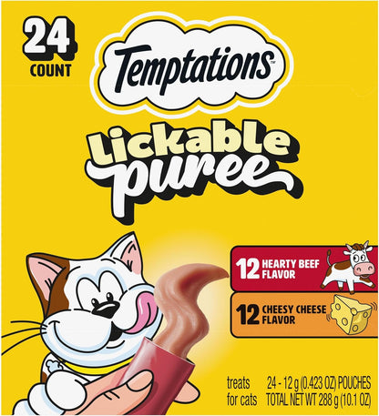 Creamy Puree with Beef Liver and Cheese, Variety Pack of Lickable, Squeezable Cat Treats, 0.42 Oz Pouches, 24 Count