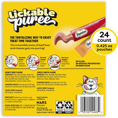 Creamy Puree with Beef Liver and Cheese, Variety Pack of Lickable, Squeezable Cat Treats, 0.42 Oz Pouches, 24 Count